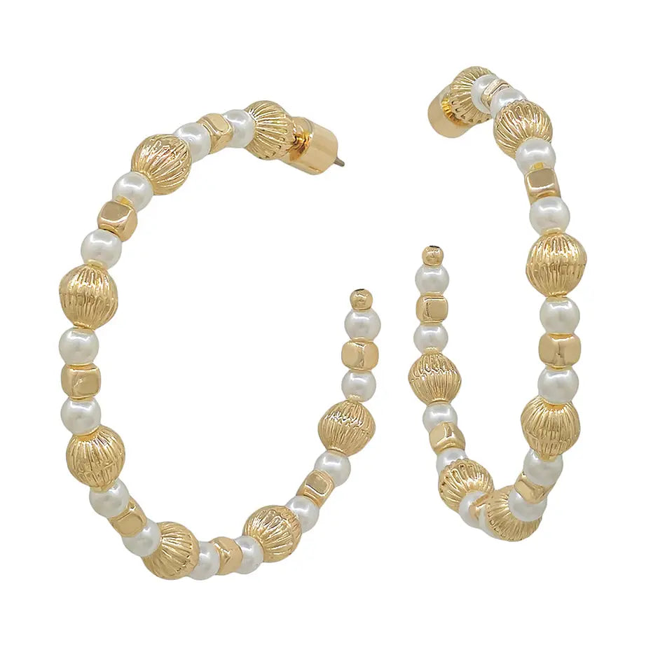 WH Water Resistant Pearl and Gold Beaded 2" Hoop Earring