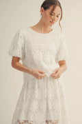 Jodifl Short puff sleeves scallop lace top with button closure back