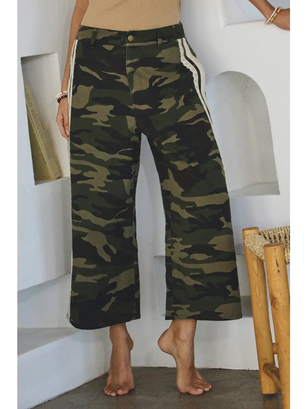 Oddi Camo Printed Washed Denim Cropped Pants