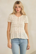 Veveret Short Sleeve Crochet Sweater w/Ruffle Bottom