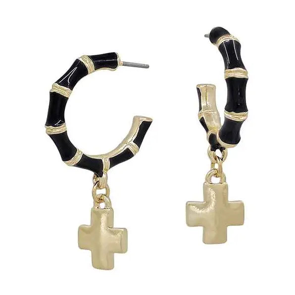 WH Black 1" Hoop with Gold Cross Charm Earrings