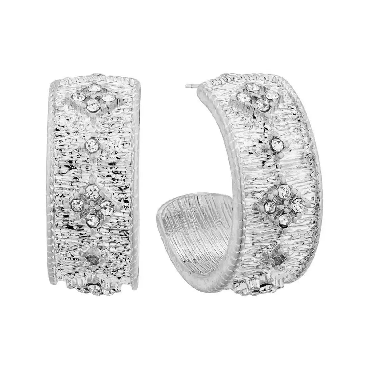 WH Silver Rhinestone Textured 1" Hoop Earring