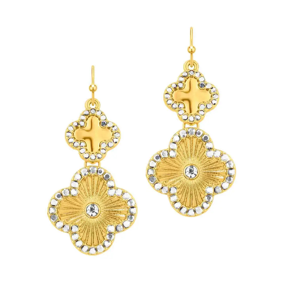 WH Gold Double Clover with Rhinestone 1" Drop Earring