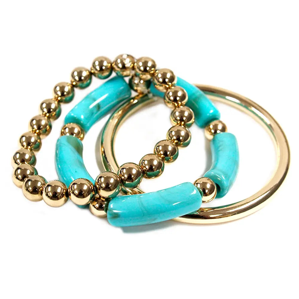 WH Set of Three Turquoise Acrylic and Gold Stretch Bracelet Set