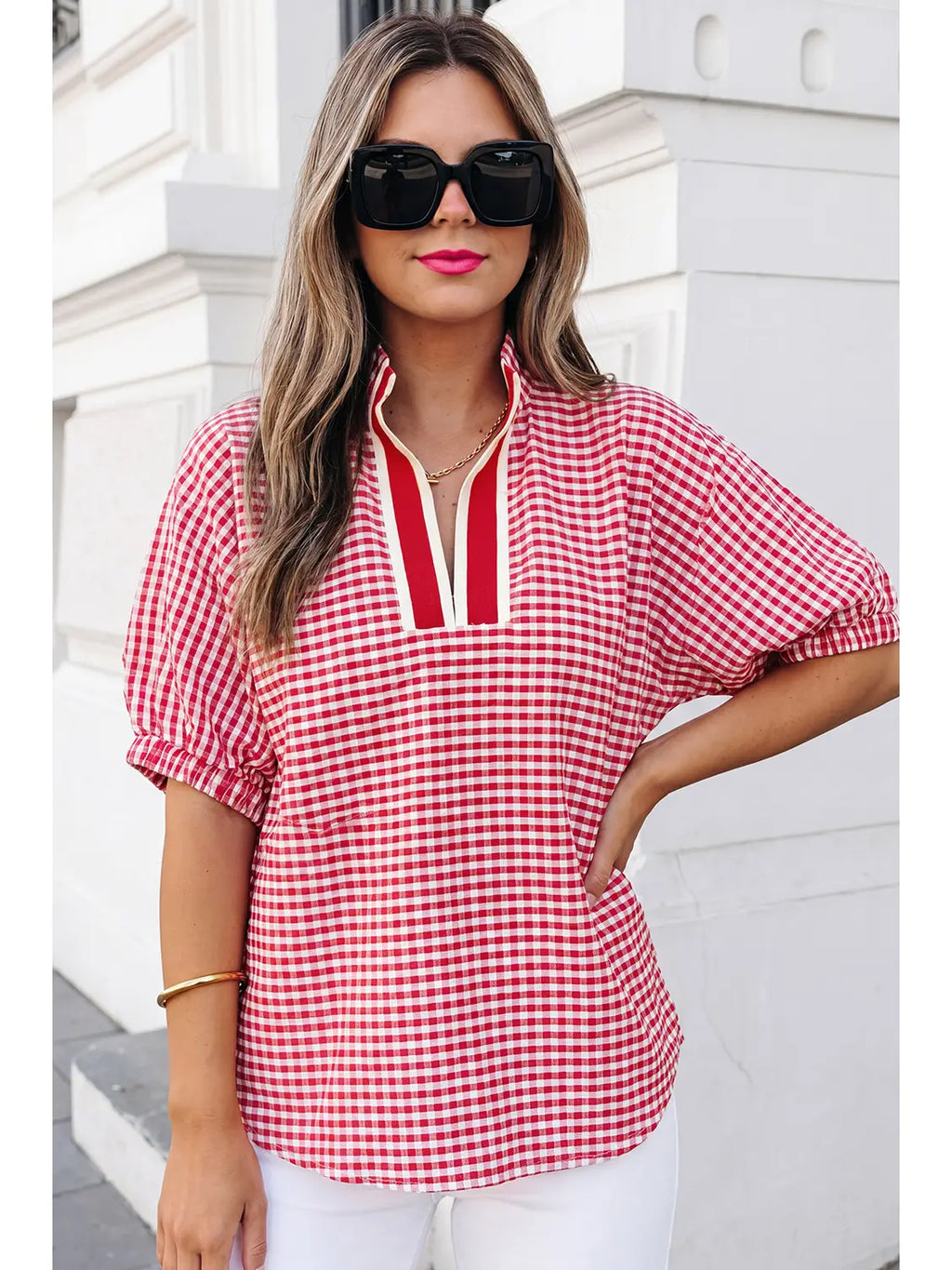 Aapparella Plaid Short Sleeve Split Neck Blouse