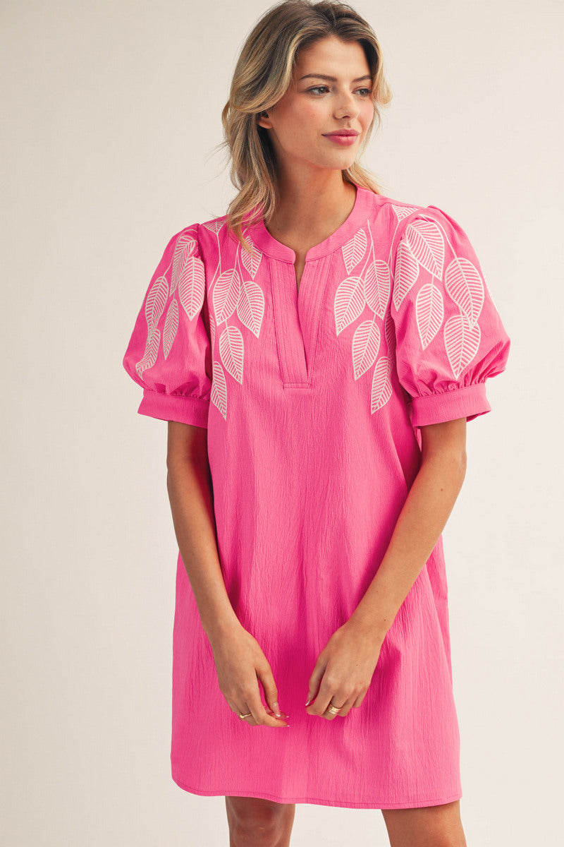 JODIFL Puff Sleeve Embroidery Detail Shirt Dress