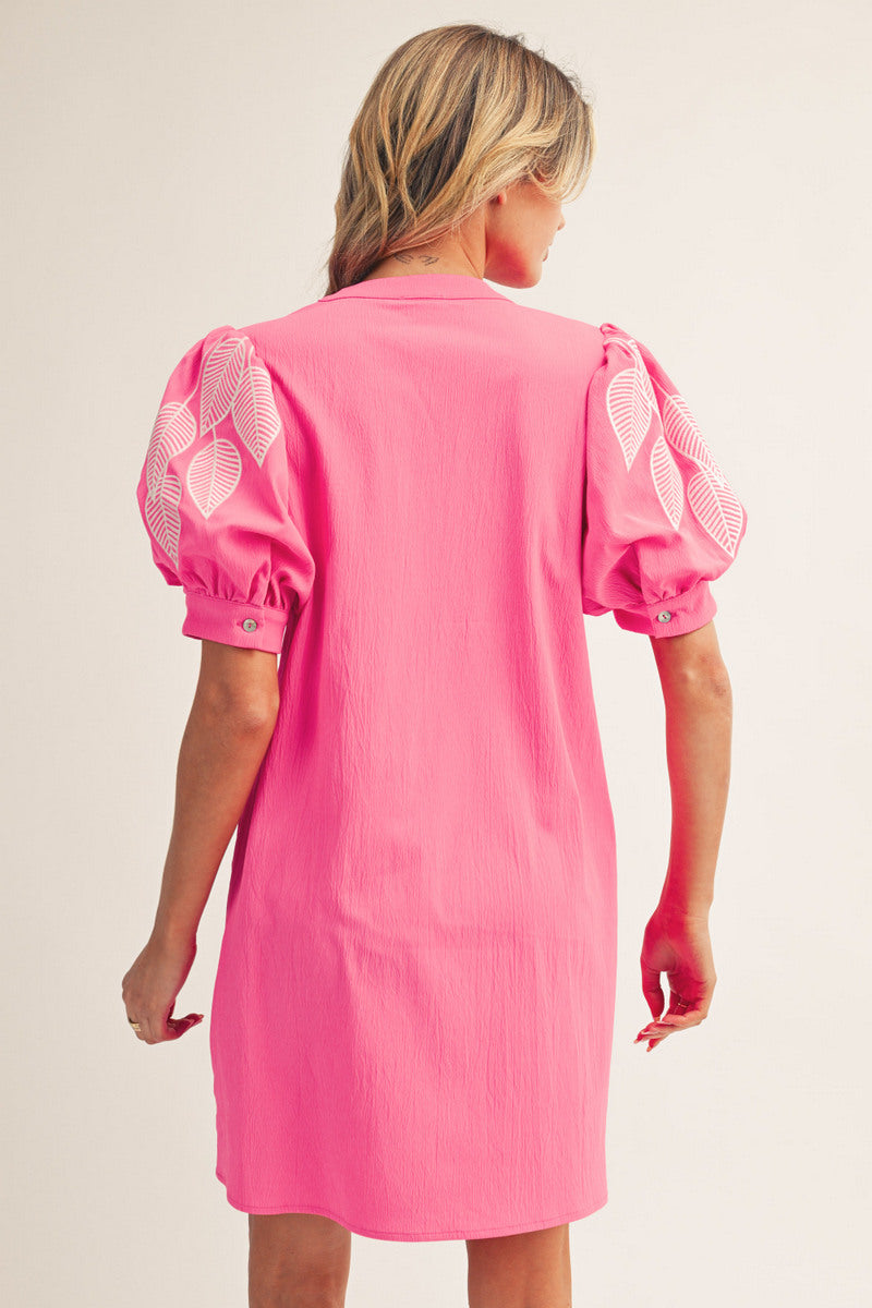 JODIFL Puff Sleeve Embroidery Detail Shirt Dress