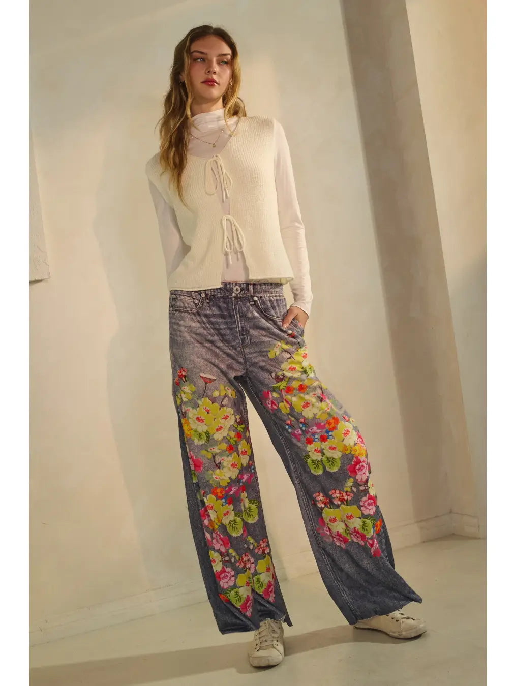 Oddi Plus Floral & Faux Denim Printed Wide Pants
