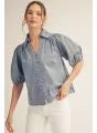 Jodifl Short puff sleeves button down washed denim top