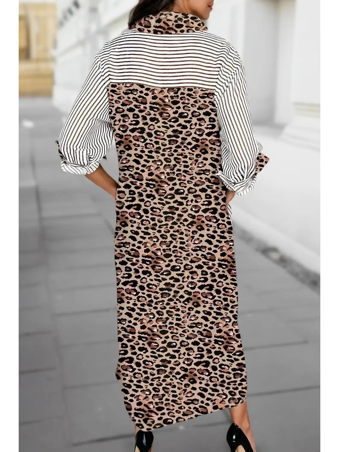 Aapparella Stripe Leopard Patchwork Long Shirt Dress