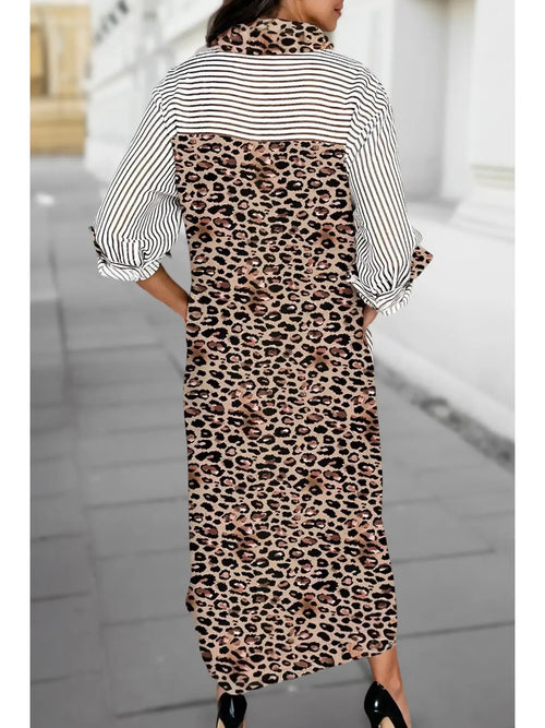 Aapparella Stripe Leopard Patchwork Long Shirt Dress