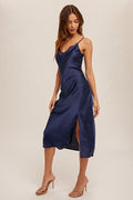 MB Lace Trim V Neck Satin Midi Slip Dress