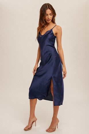 MB Lace Trim V Neck Satin Midi Slip Dress