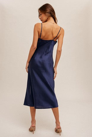 MB Lace Trim V Neck Satin Midi Slip Dress