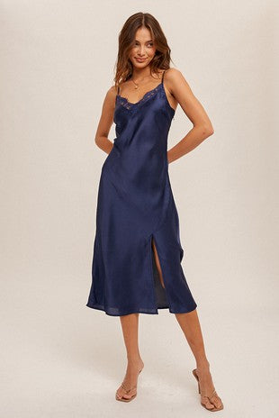 MB Lace Trim V Neck Satin Midi Slip Dress