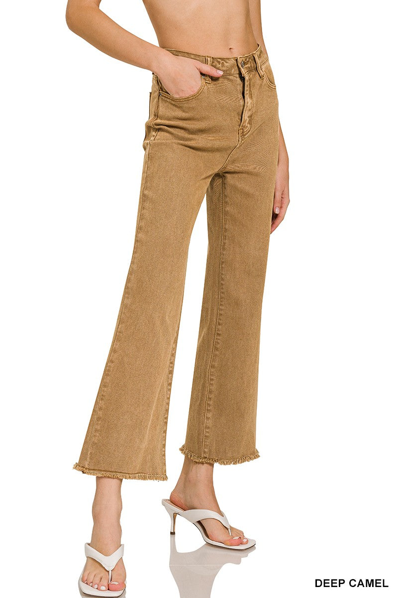 Acid Washed High Waist Frayed Hem Bootcut Pants