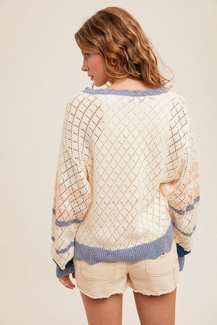 MB Pointelle Knit Stripe Oversized Dolman Sweater