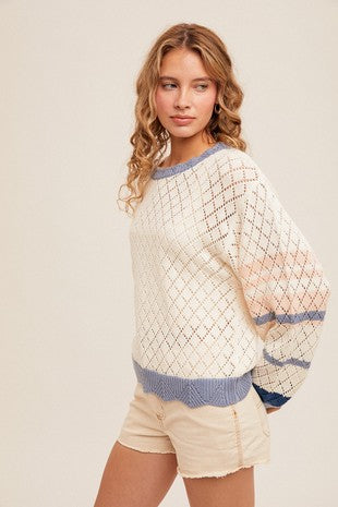 MB Pointelle Knit Stripe Oversized Dolman Sweater