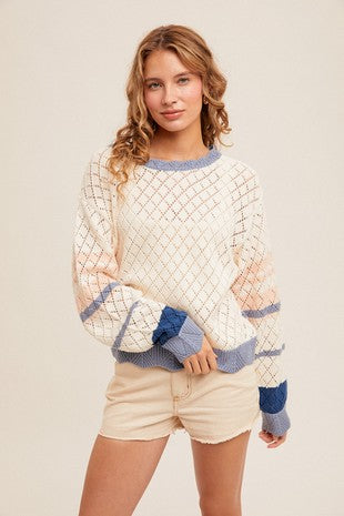 MB Pointelle Knit Stripe Oversized Dolman Sweater