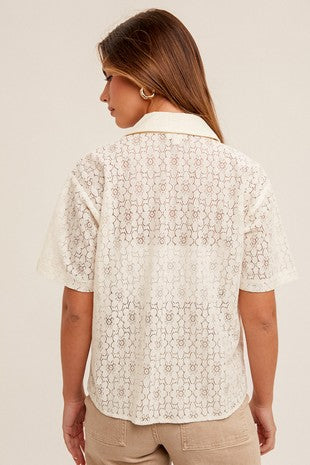 MB Crochet Lace Short Sleeve Button Down Shirt