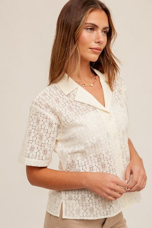 MB Crochet Lace Short Sleeve Button Down Shirt
