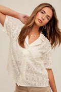 MB Crochet Lace Short Sleeve Button Down Shirt
