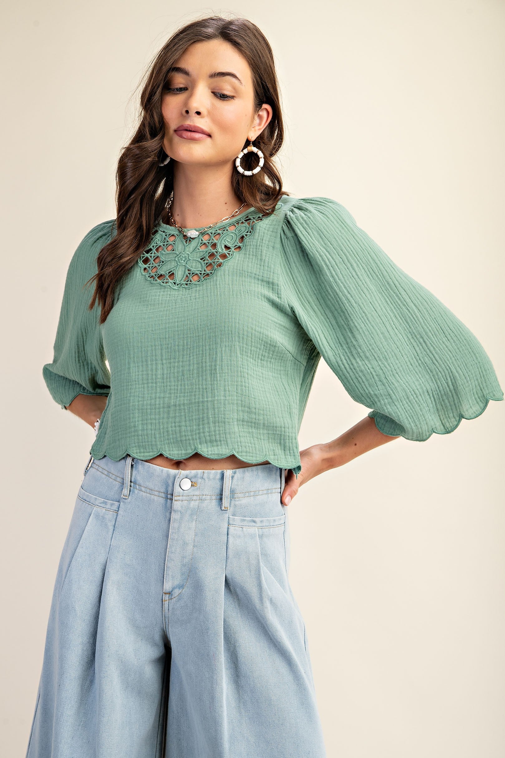 Gigio Embroidered Cutout Bell Sleeve Crop Top