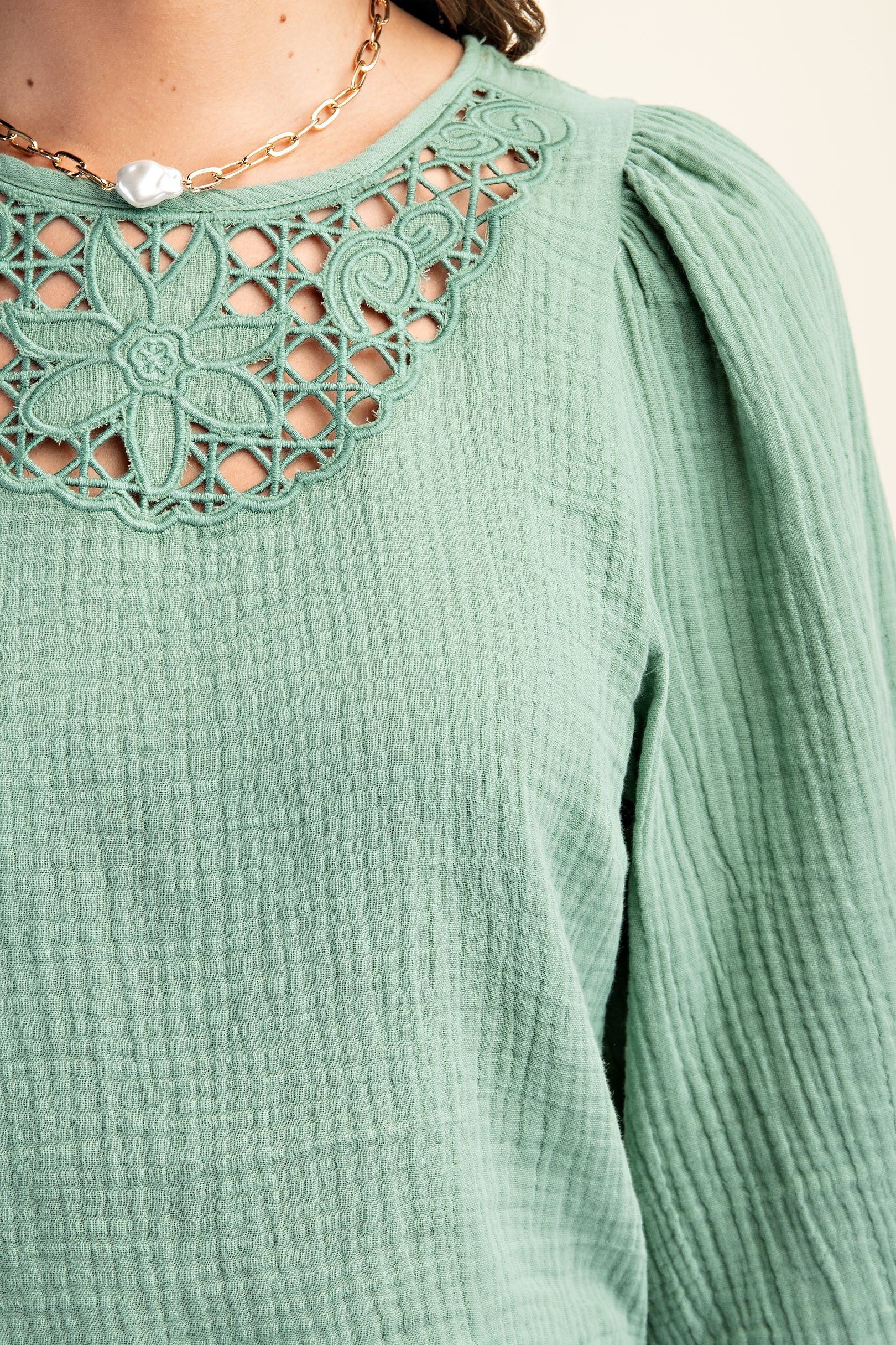 Gigio Embroidered Cutout Bell Sleeve Crop Top