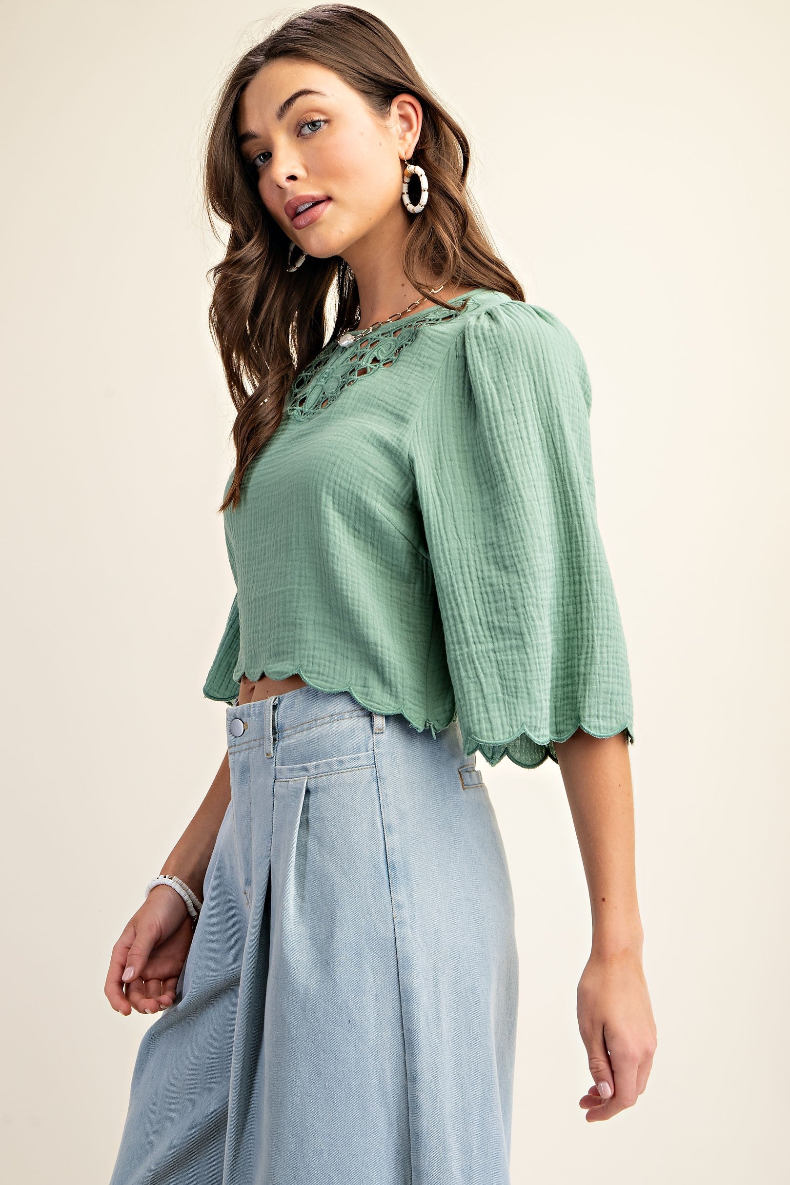 Gigio Embroidered Cutout Bell Sleeve Crop Top