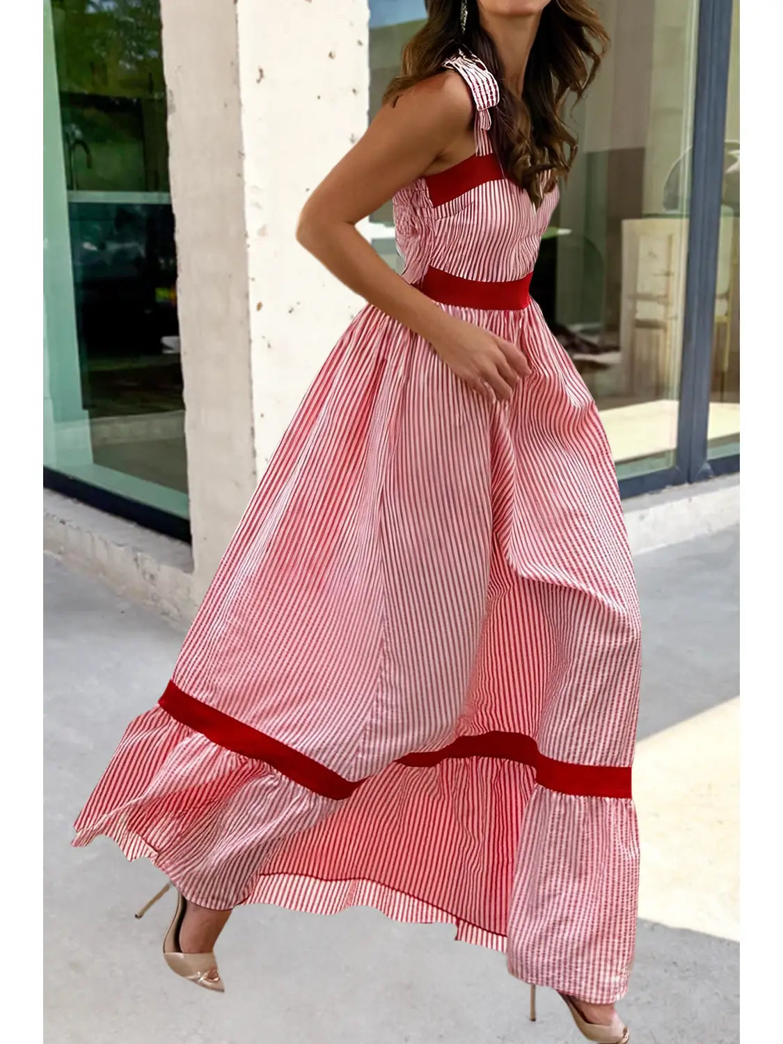 Aapparella Stripe Bow Knot Straps Contrast Trim Maxi Dress