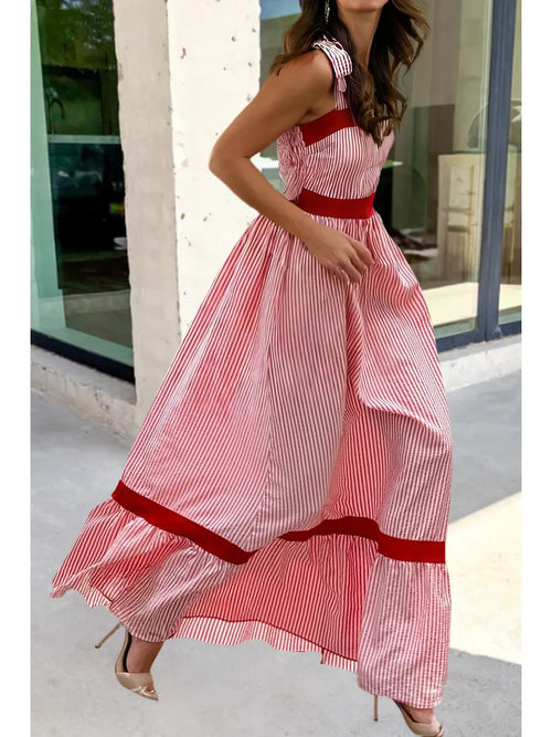 Aapparella Stripe Bow Knot Straps Contrast Trim Maxi Dress