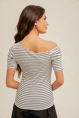 MB Asymmetrical Neck Twist Detailed Striped Rib Top