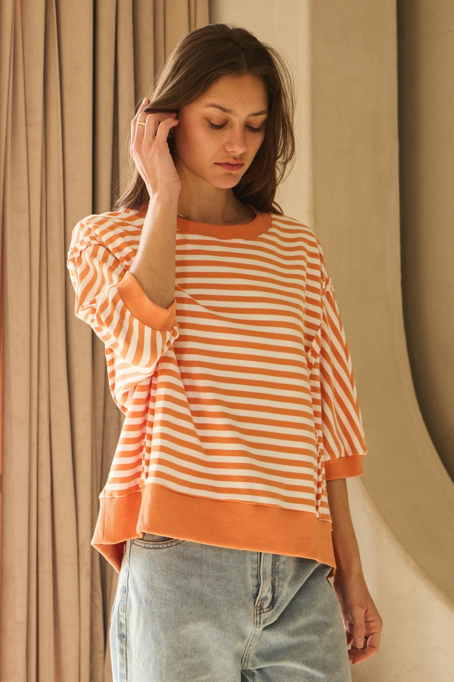 Oddi Curvy Striped Knit Top w/ Seam Detail