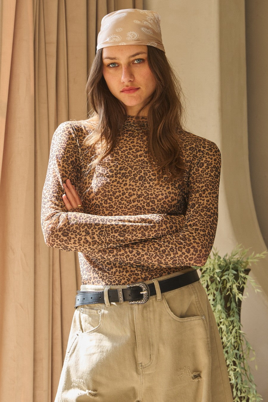Oddi Curvy Animal Printed Mock Neck Mesh Top