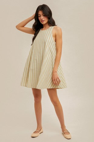 MB Cutout Back Buttons Detailed Stripe Swing Dress