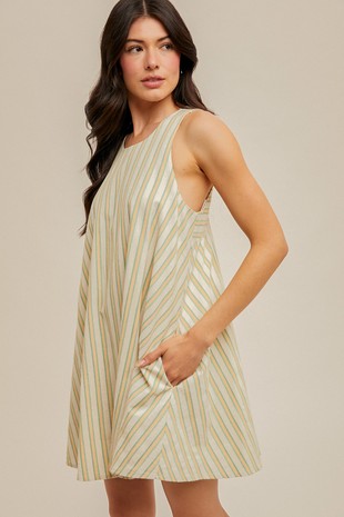 MB Cutout Back Buttons Detailed Stripe Swing Dress