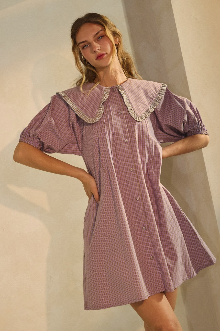 Oddi Curvy Mini Shirt Dress w/Oversized Ruffle