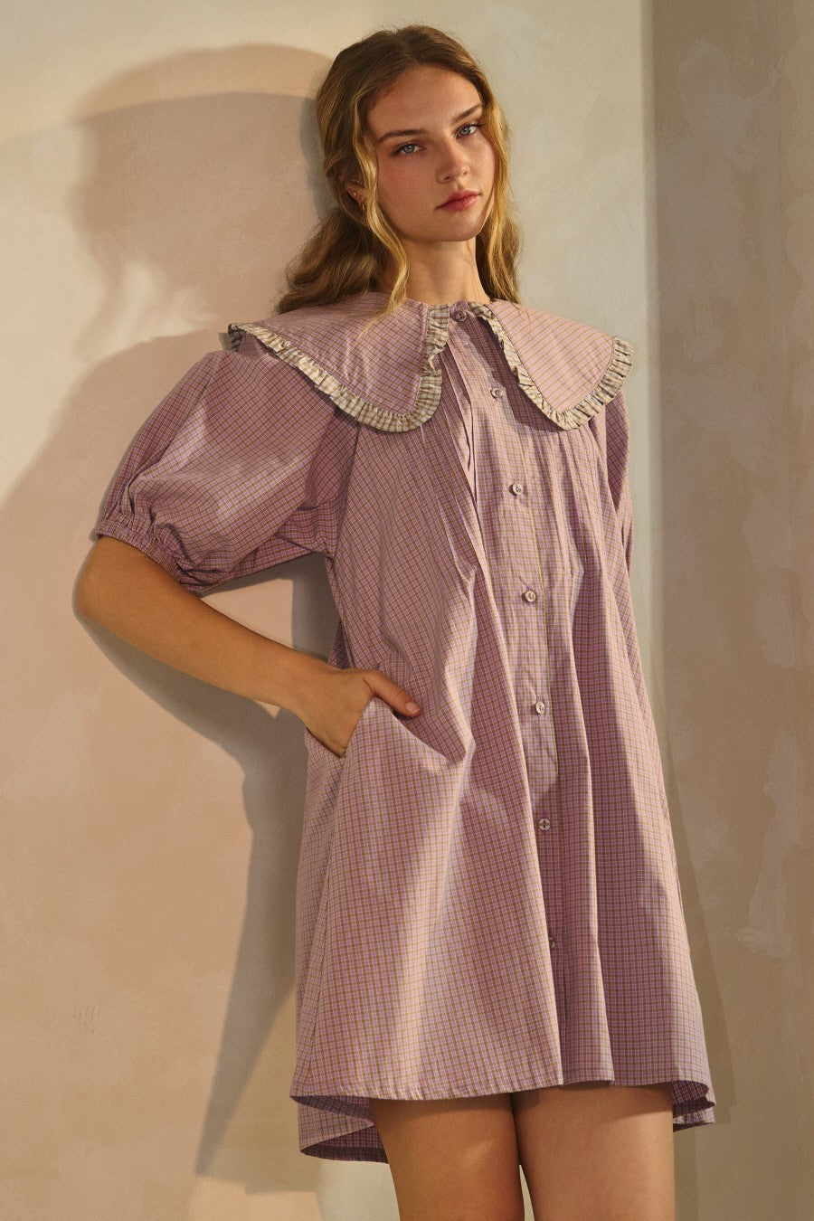 Oddi Curvy Mini Shirt Dress w/Oversized Ruffle
