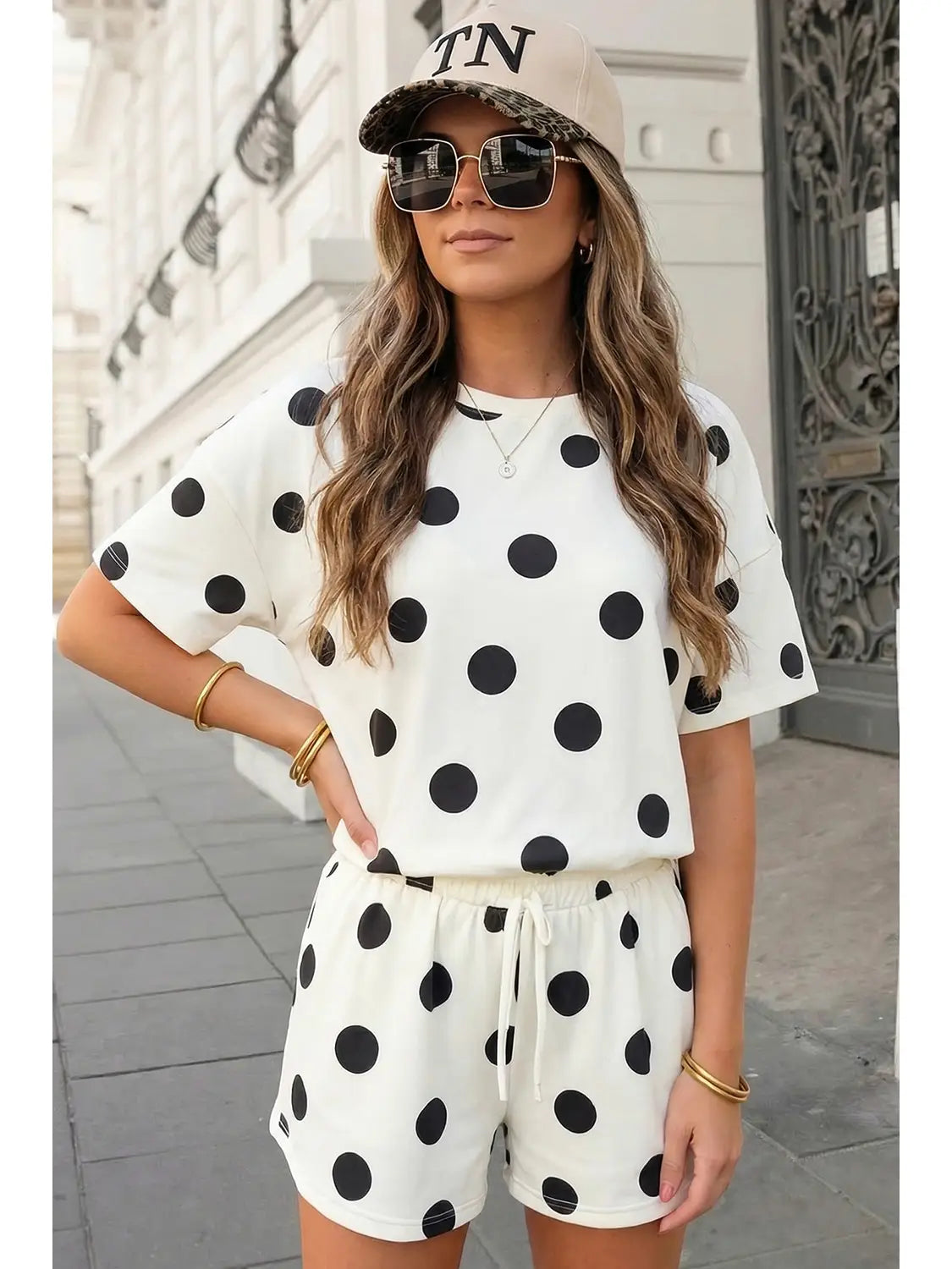 Aapparella Polka Dot Tee Drawstring 2pcs Short Set