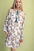 Gigio Mixed Print Tassel Neck Tie V-Neck Dress