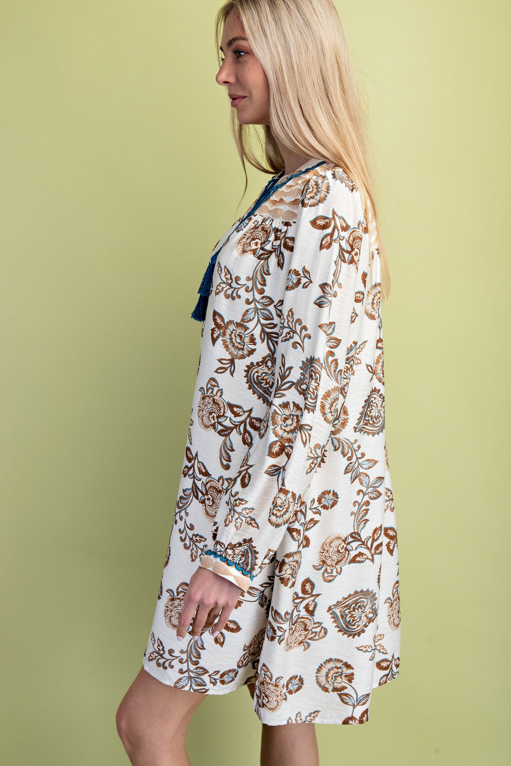 Gigio Mixed Print Tassel Neck Tie V-Neck Dress
