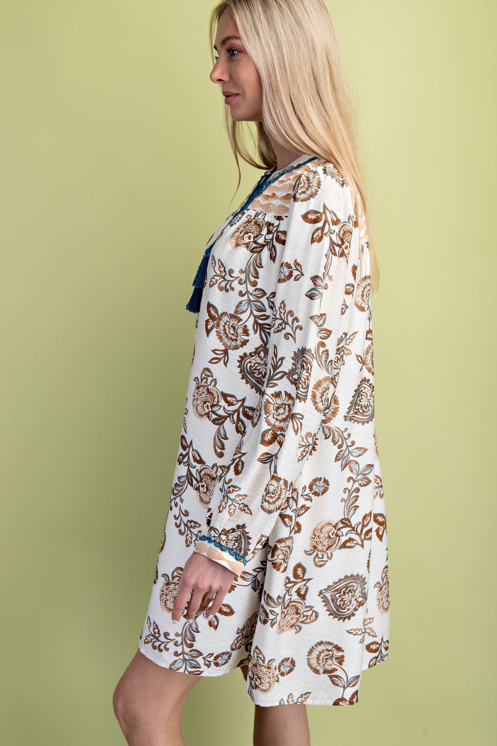 Gigio Mixed Print Tassel Neck Tie V-Neck Dress
