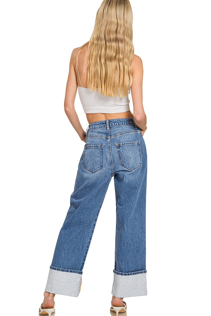 Zenana High Rise Cuffed Wide Leg Denim Pants