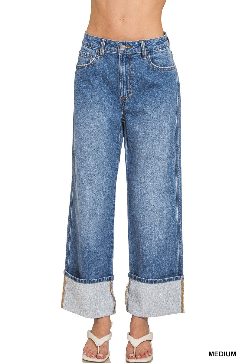 Zenana High Rise Cuffed Wide Leg Denim Pants