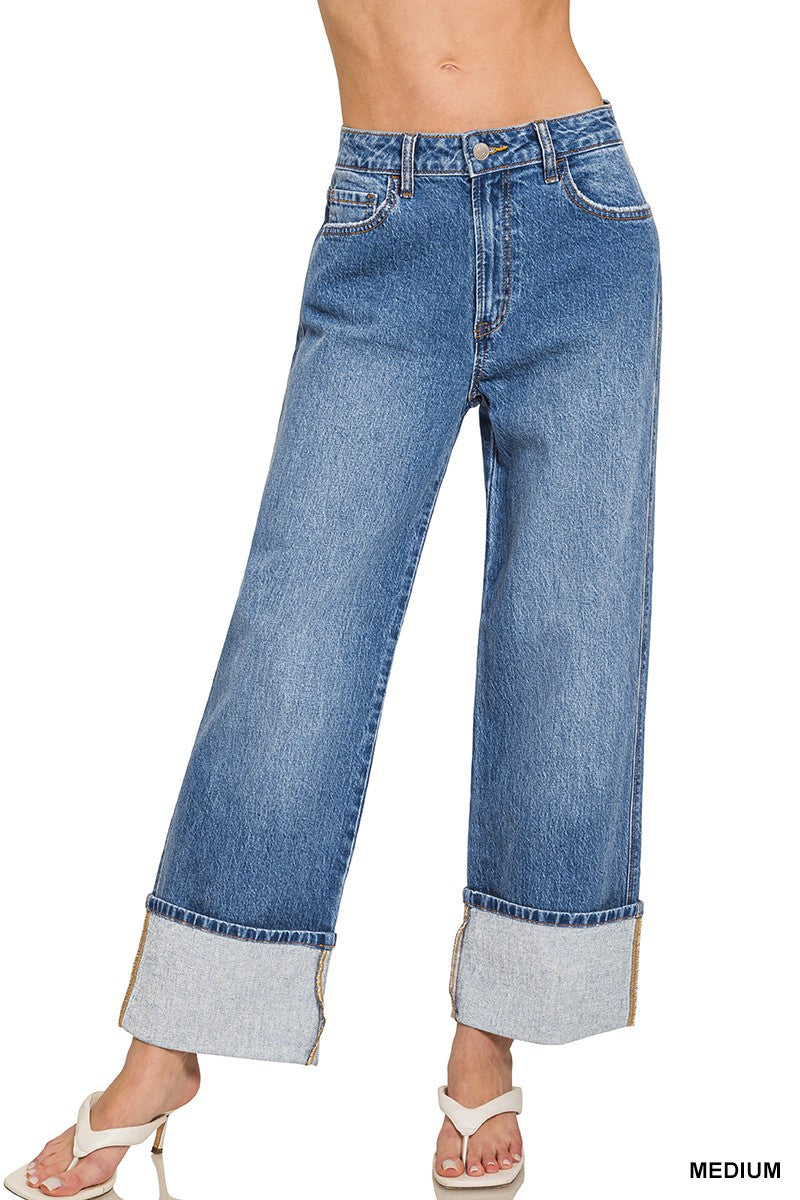Zenana High Rise Cuffed Wide Leg Denim Pants