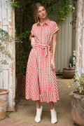 JBJ Gingham Collared Midi Dress w/Waist Tie