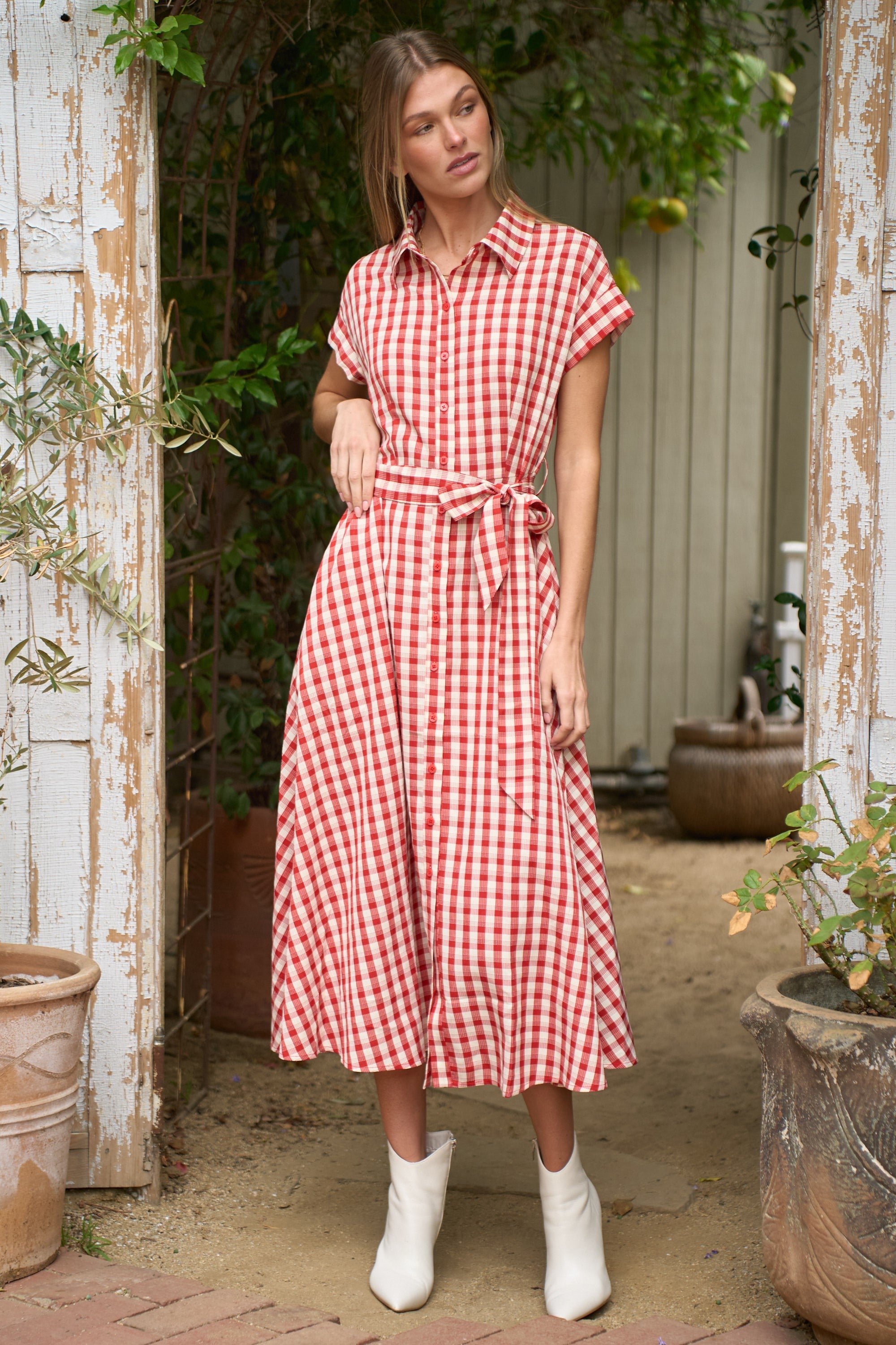 JBJ Gingham Collared Midi Dress w/Waist Tie