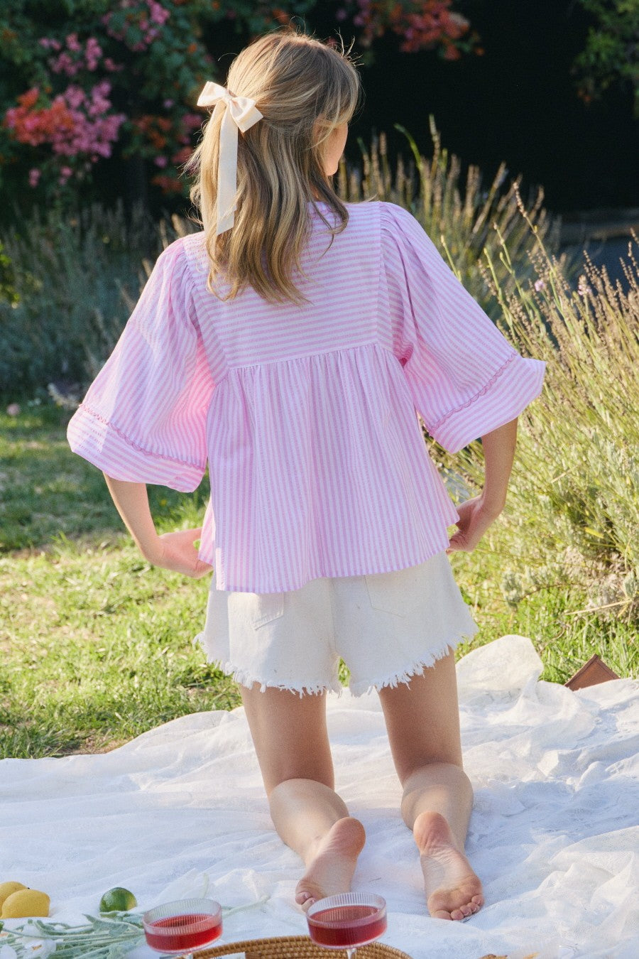 Oddi Curvy Striped Woven Top w/Split Neckline