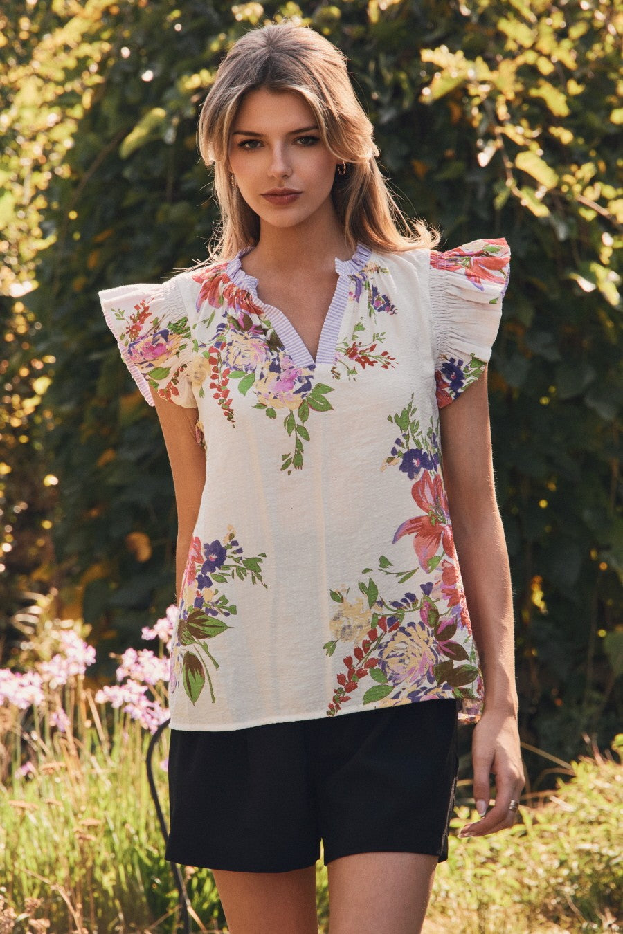 Oddi Floral Print Woven Top w/Double Ruffle Slv