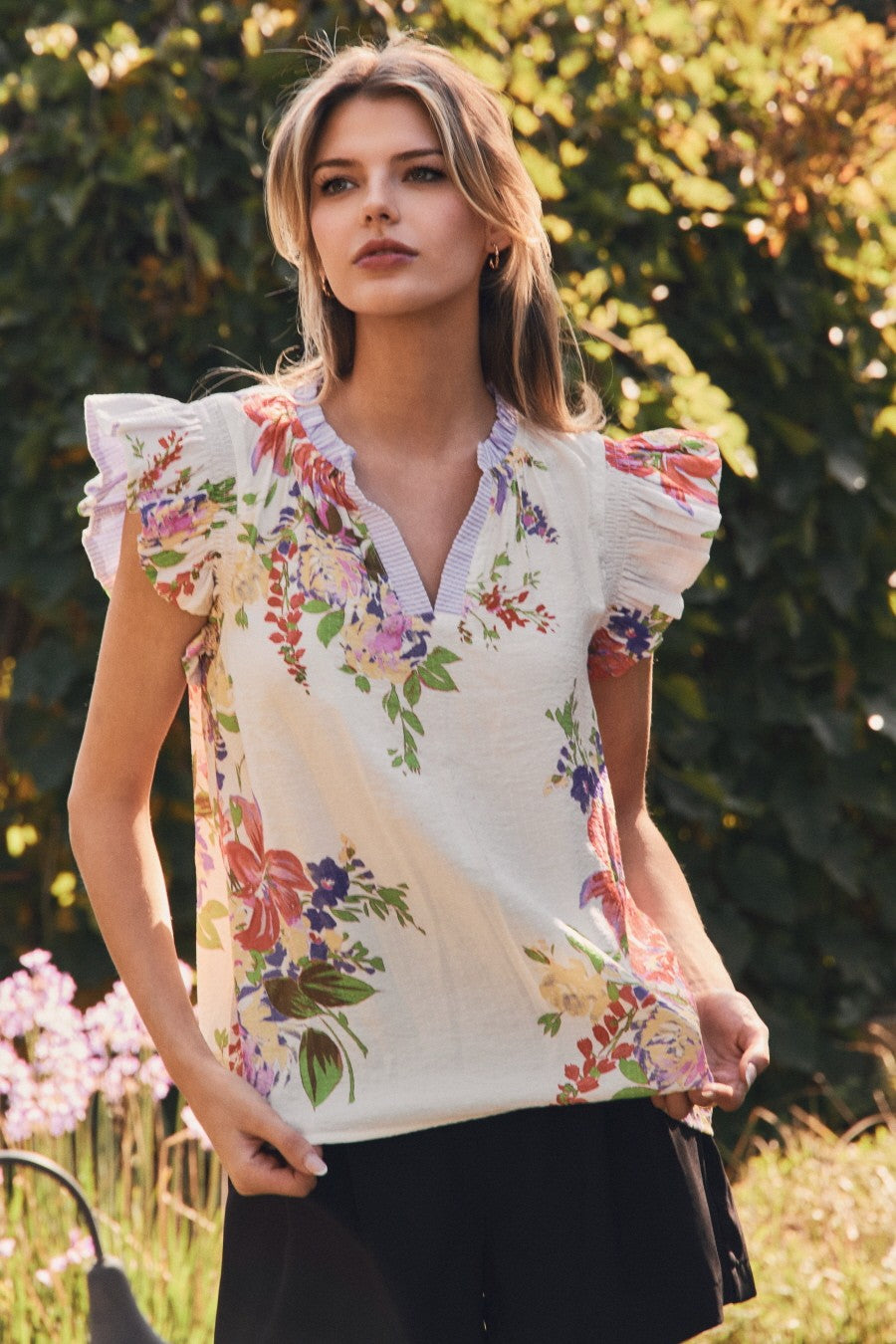 Oddi Floral Print Woven Top w/Double Ruffle Slv